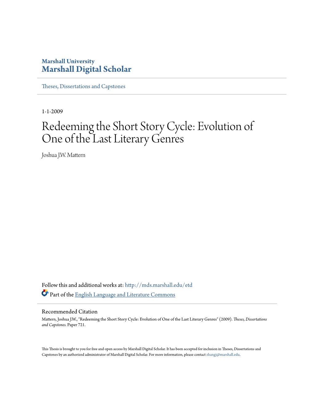 Redeeming the Short Story Cycle: Evolution of One of the Last Literary Genres Joshua J.W