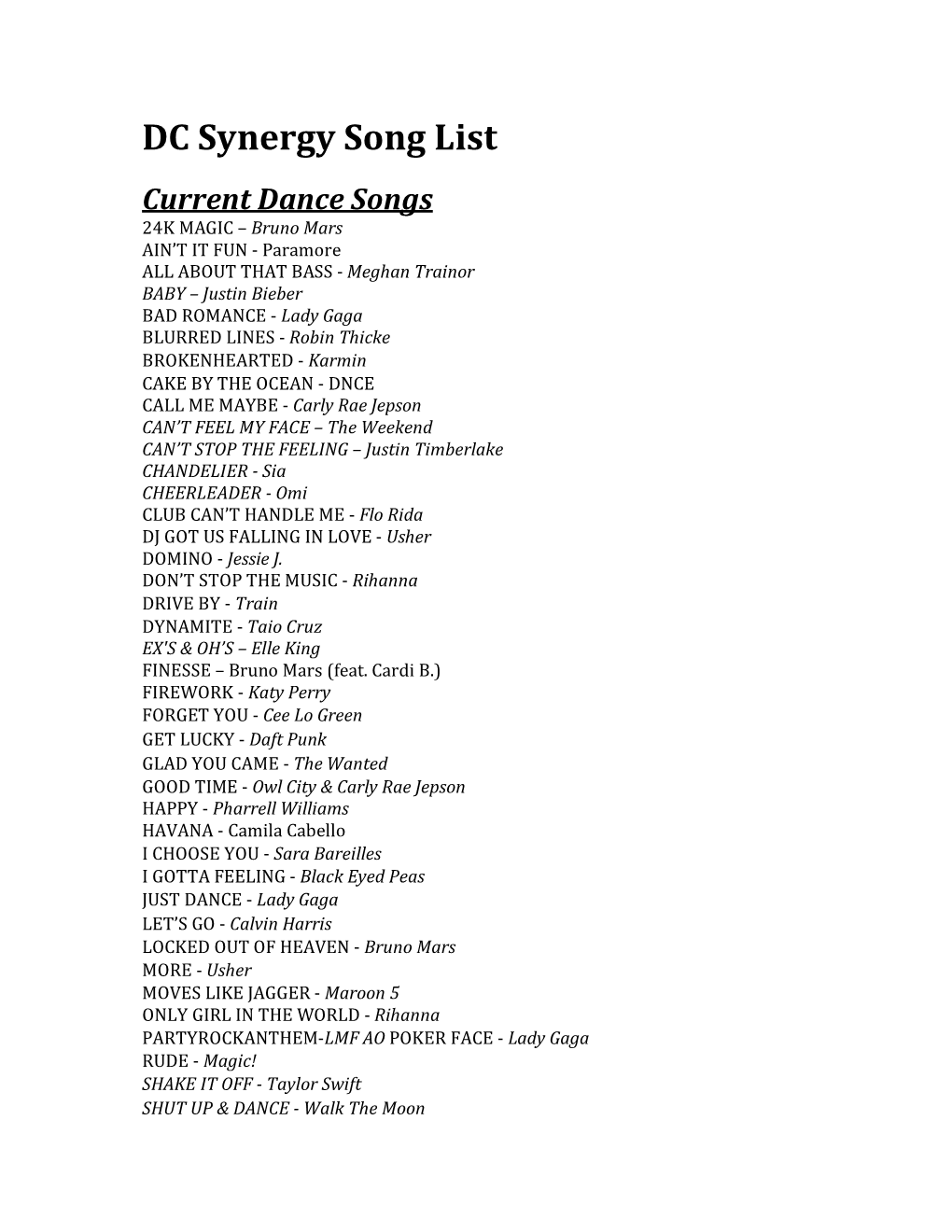 DC Synergy Song List