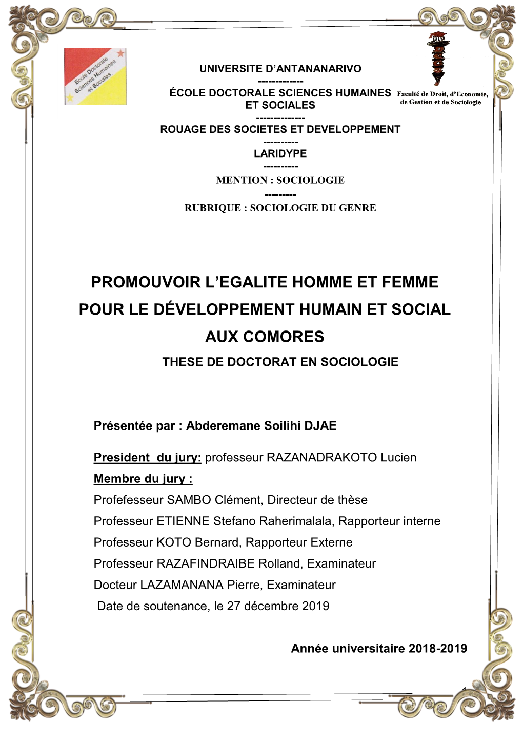 Promouvoir L'egalite Homme Et Femme Pour Le Développement Humain Et Social Aux Comores