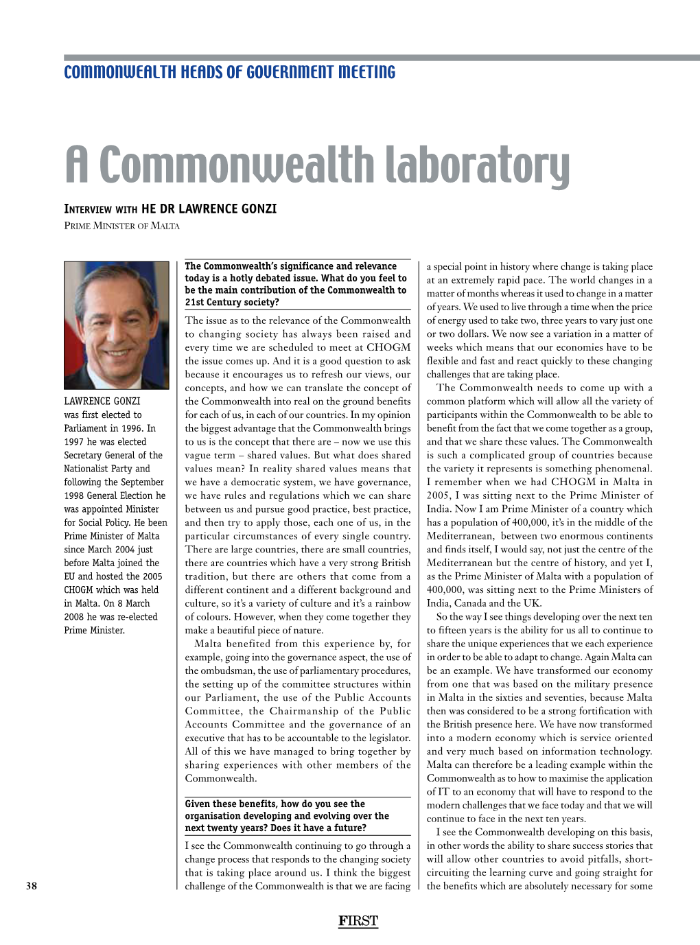A Commonwealth Laboratory Interview with HE Dr Lawrence Gonzi Prime Minister of Malta