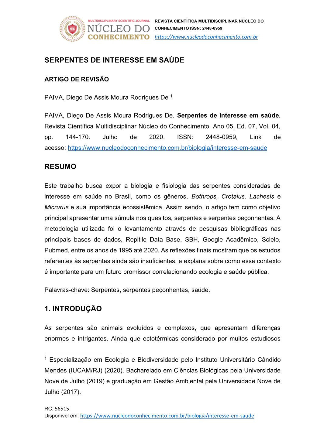 Serpentes De Interesse Em Saúde Resumo 1. Introdução