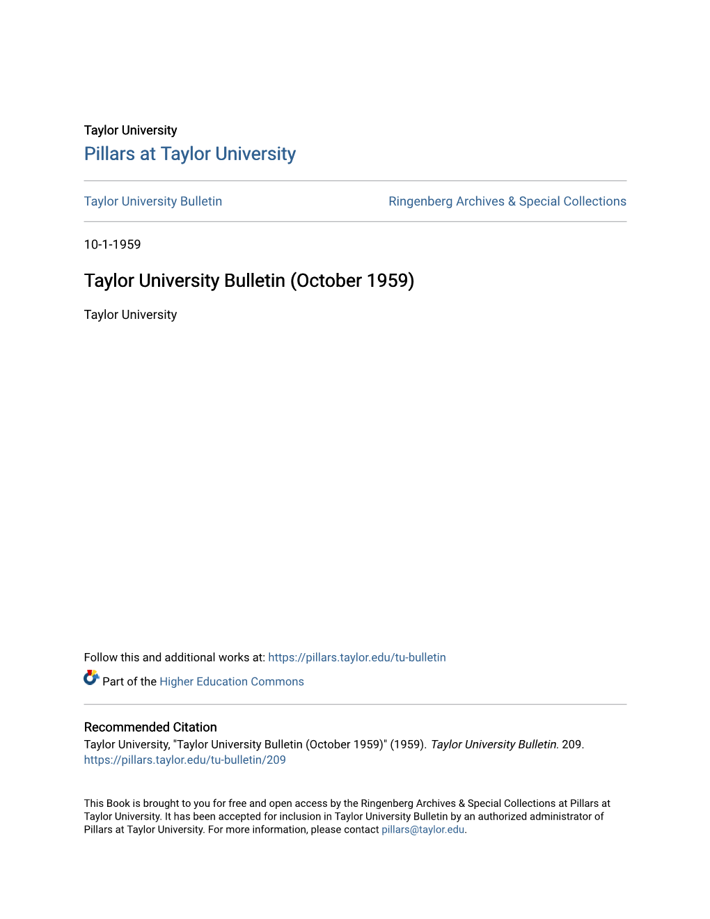 Taylor University Bulletin Ringenberg Archives & Special Collections