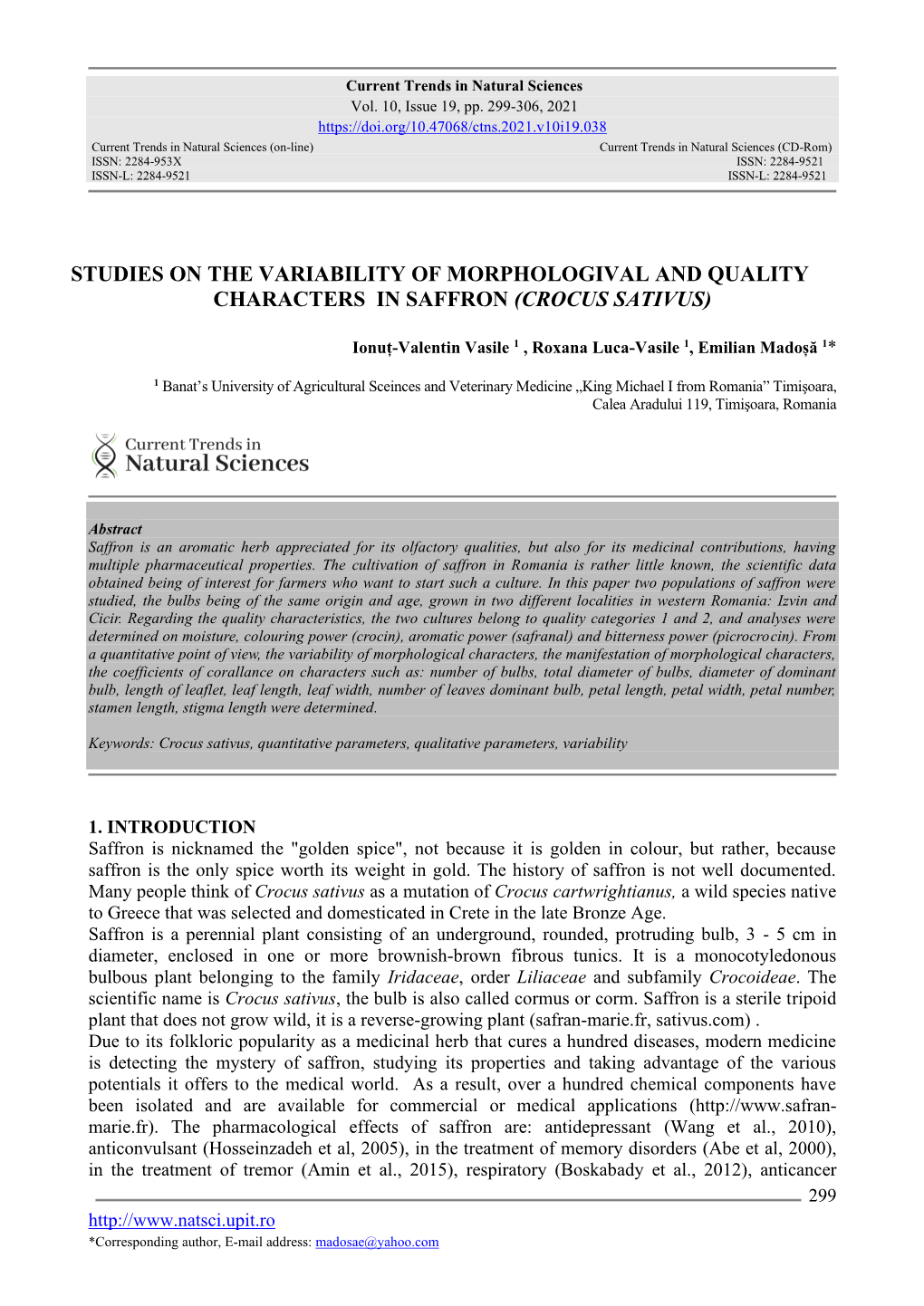 Studies on the Variability of Morphologival and Quality Characters in Saffron (Crocus Sativus)