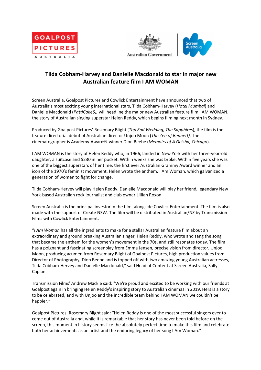 Media Release I Am Woman Announcement