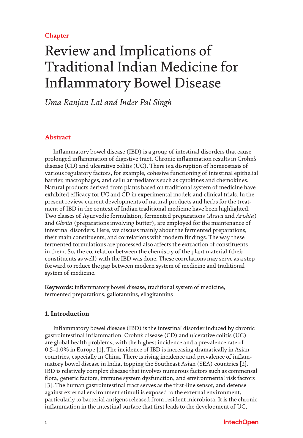 Review and Implications of Traditional Indian Medicine for Inflammatory Bowel Disease Uma Ranjan Lal and Inder Pal Singh