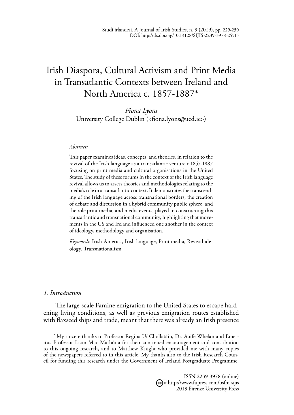 Irish Diaspora, Cultural Activism and Print Media in Transatlantic Contexts Between Ireland and North America C