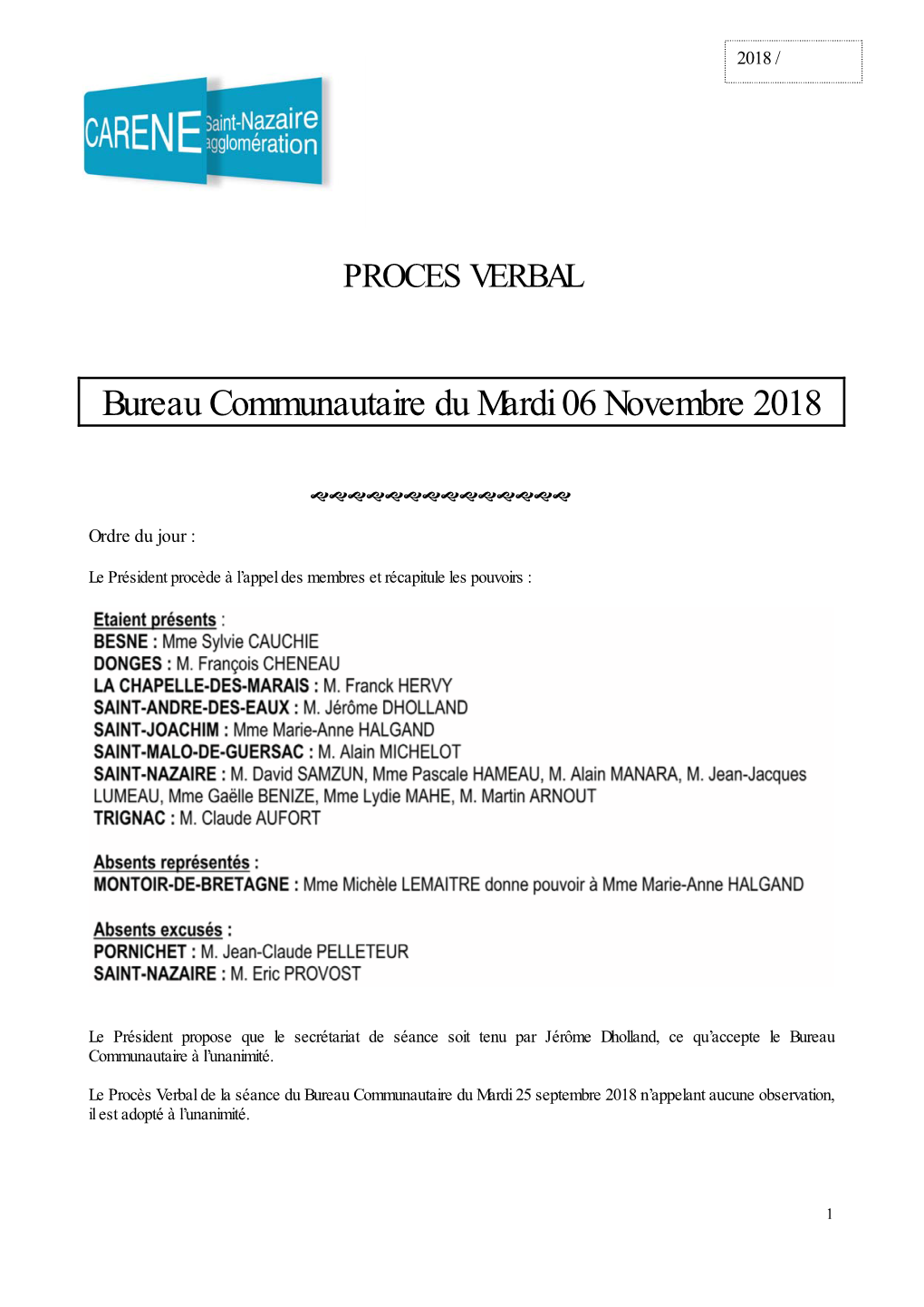 Bureau Communautaire Du Mardi 06 Novembre 2018