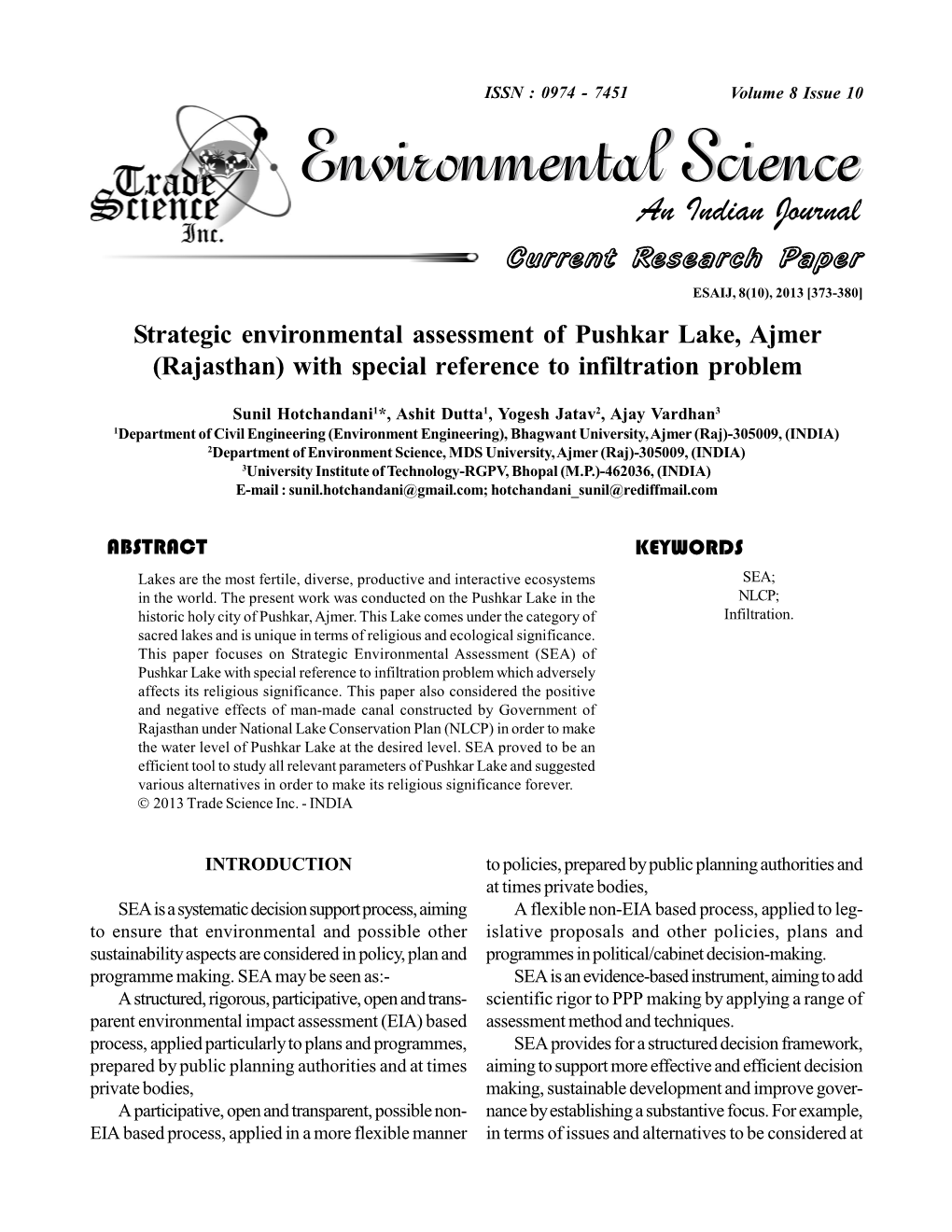 Strategic Environmental Assessment of Pushkar Lake, Ajmer (Rajasthan) with Special Reference to Infiltration Problem