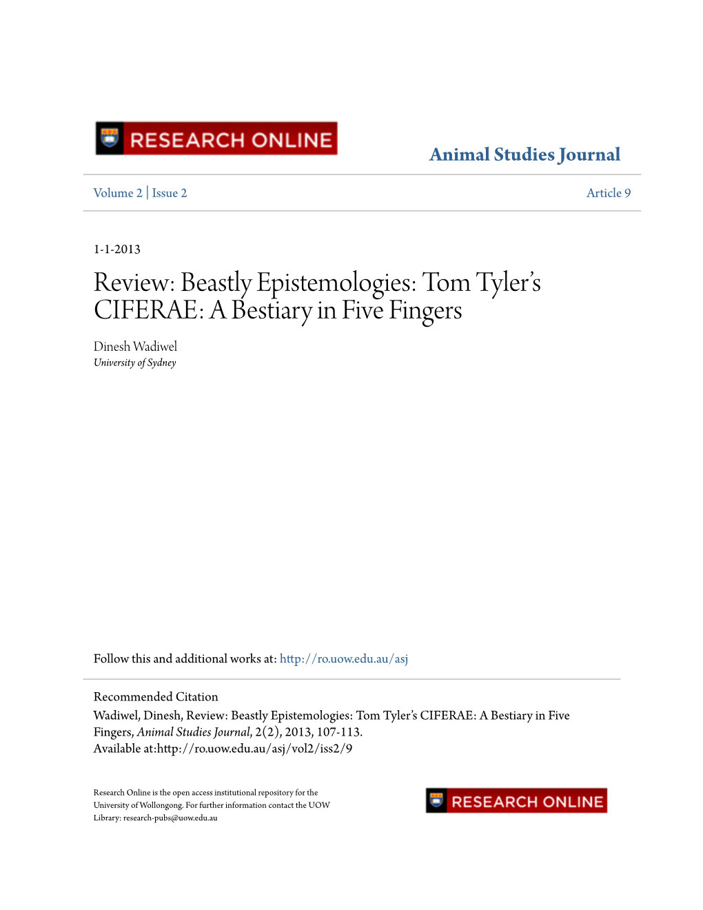 'Beastly Epistemologies,' Review of CIFERAE: a Bestiary in Five Fingers by Tom Tyler, Animal