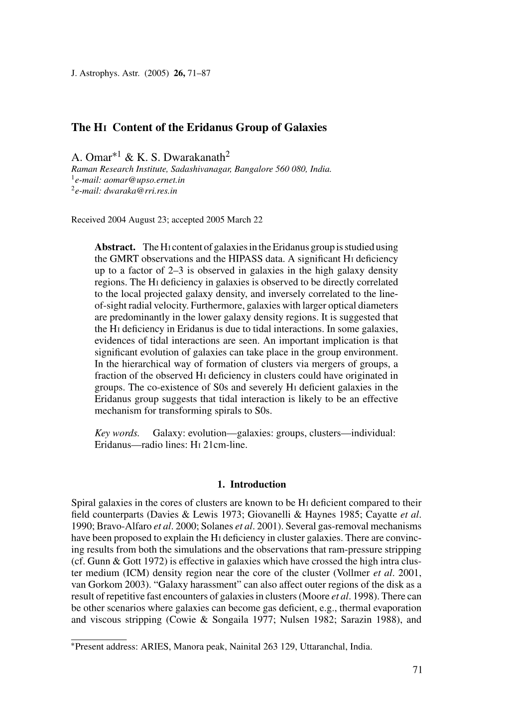 The HI Content of the Eridanus Group of Galaxies A. Omar