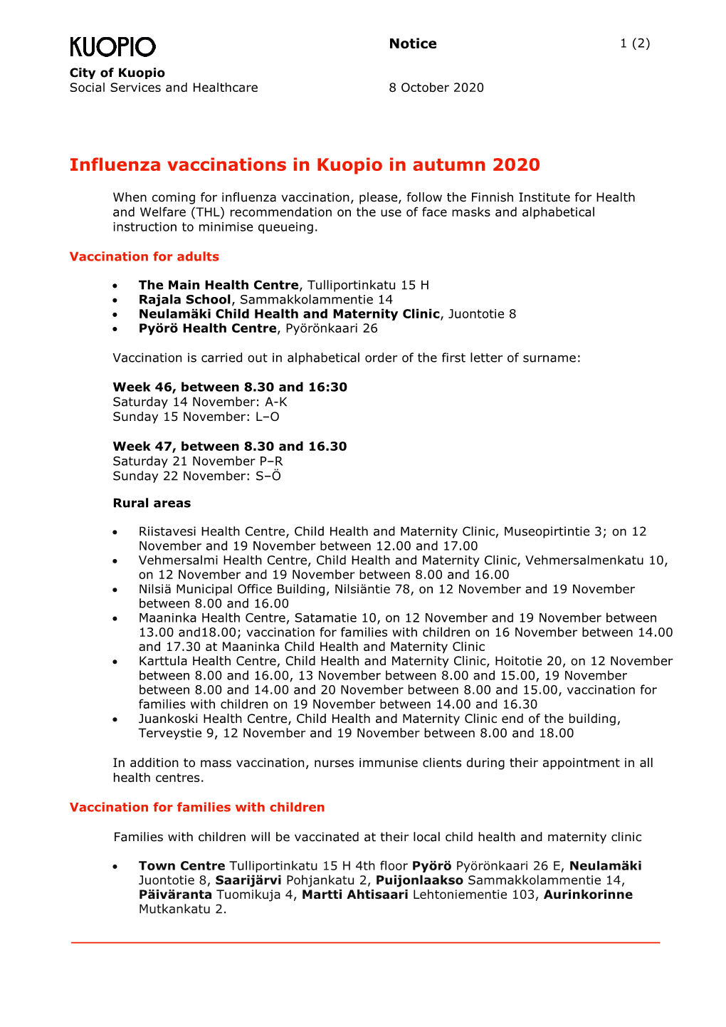 Influenza Vaccinations in Kuopio in Autumn 2020