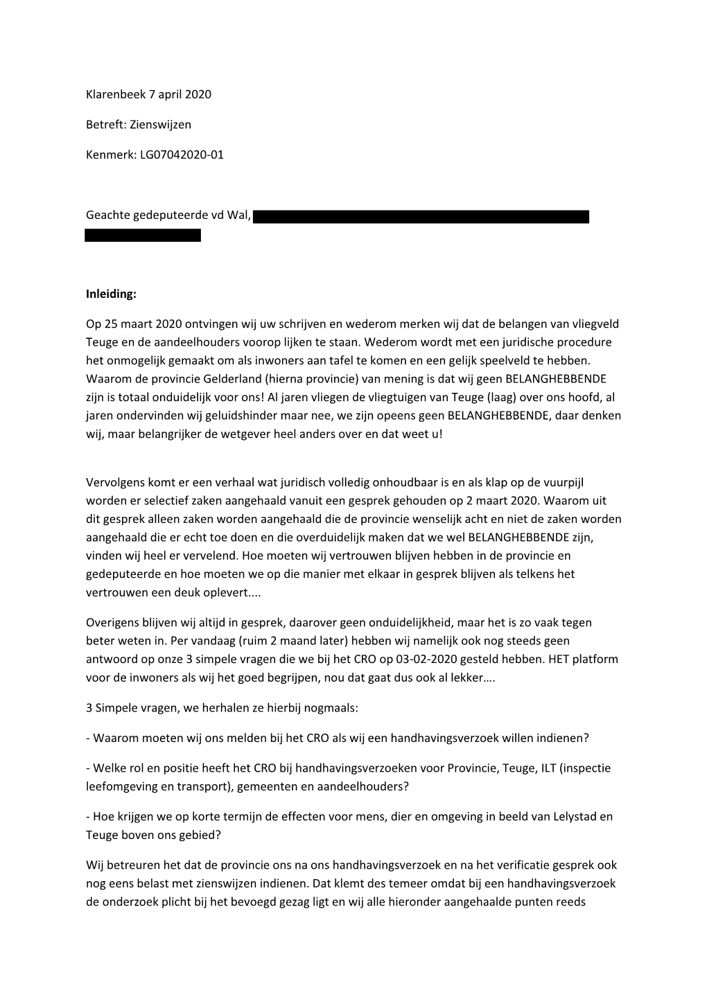 Afschrift Van Zienswijze Lely Gate Klarenbeek (PS2020-231)