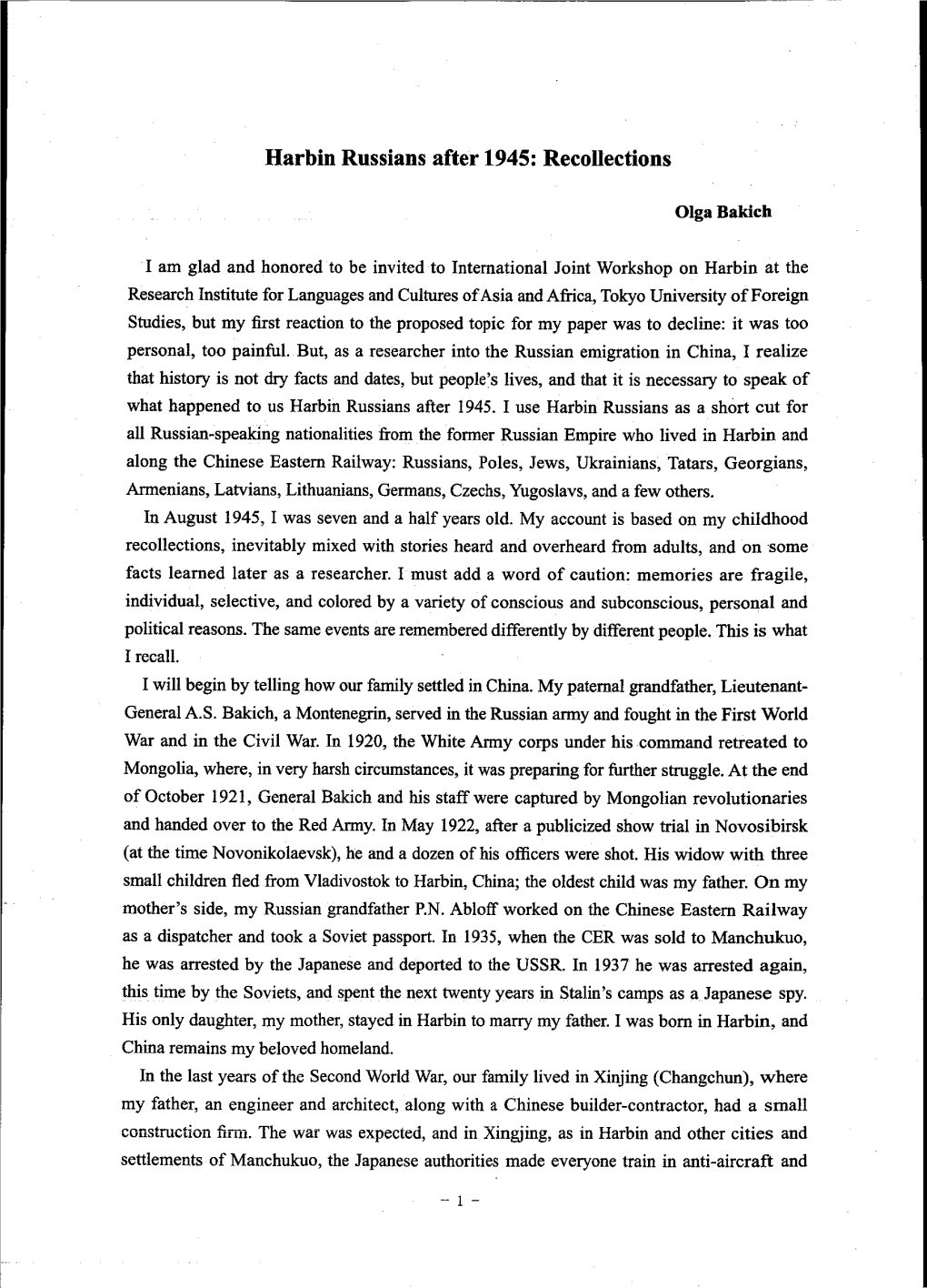 Page 1 Harbin Russians After 1945: Recollections Olga Bakich I Am