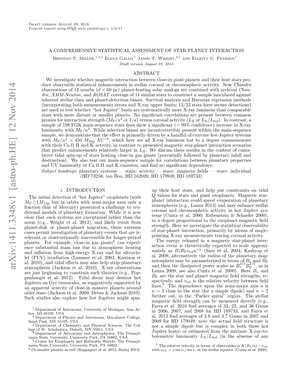 Arxiv:1411.3348V1 [Astro-Ph.HE] 12 Nov 2014 M Uhsuisas Xlr O O Uiesmgtspin- Might Jupiters Hot 2010)