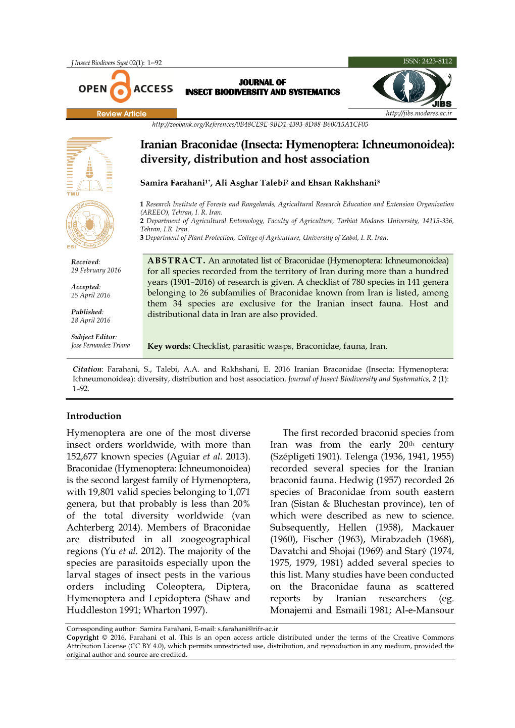 Iranian Braconidae (Insecta: Hymenoptera: Ichneumonoidea): Diversity, Distribution and Host Association