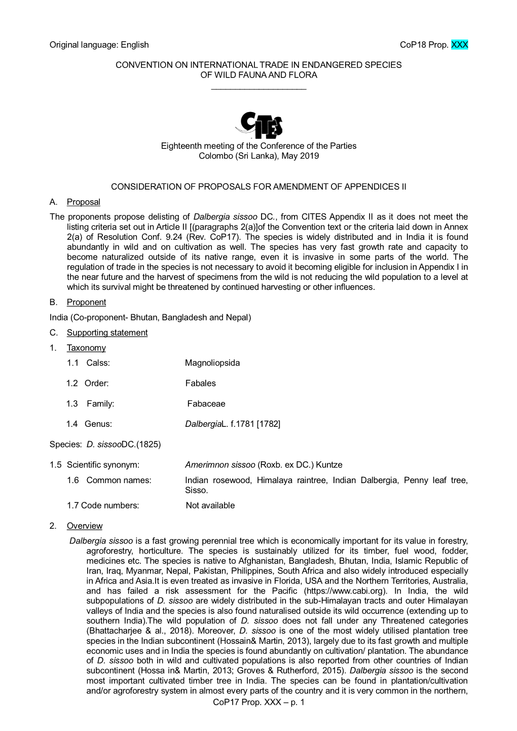 Proposal for Amendment of Appendix I Or II for CITES Cop16