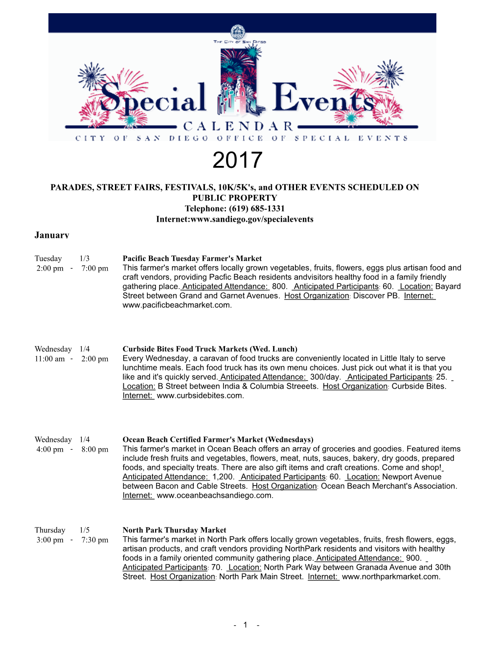 Special Events Calendar
