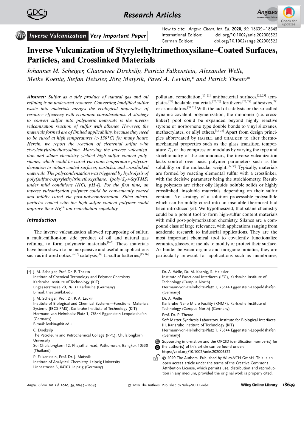 Inverse Vulcanization of Styrylethyltrimethoxysilane–Coated Surfaces, Particles, and Crosslinked Materials Johannes M