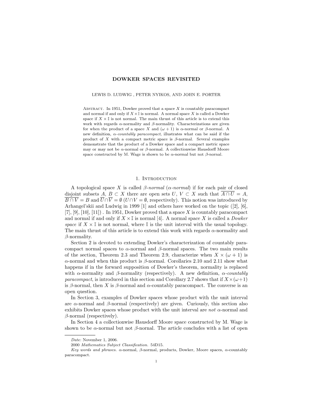 DOWKER SPACES REVISITED 1. Introduction a Topological Space