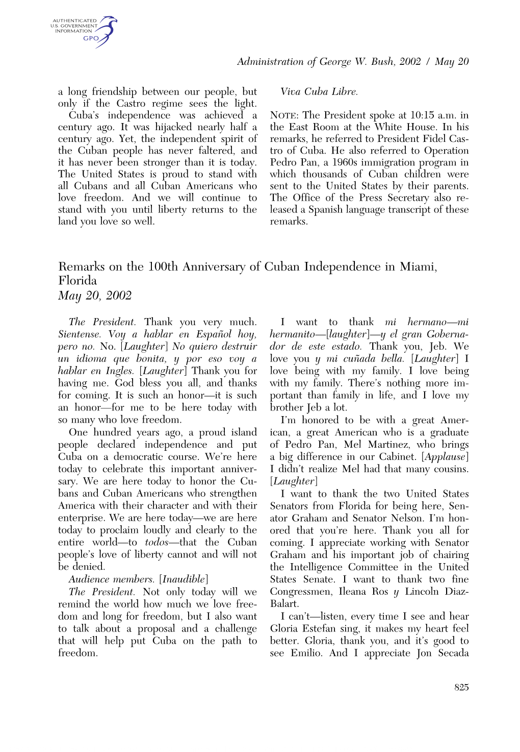 Remarks on the 100Th Anniversary of Cuban Independence in Miami, Florida May 20, 2002