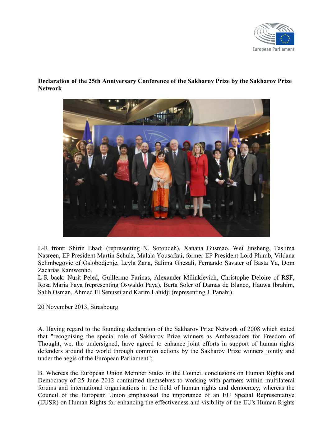 Declaration of the 25Th Anniversary Conference of the Sakharov Prize by the Sakharov Prize Network