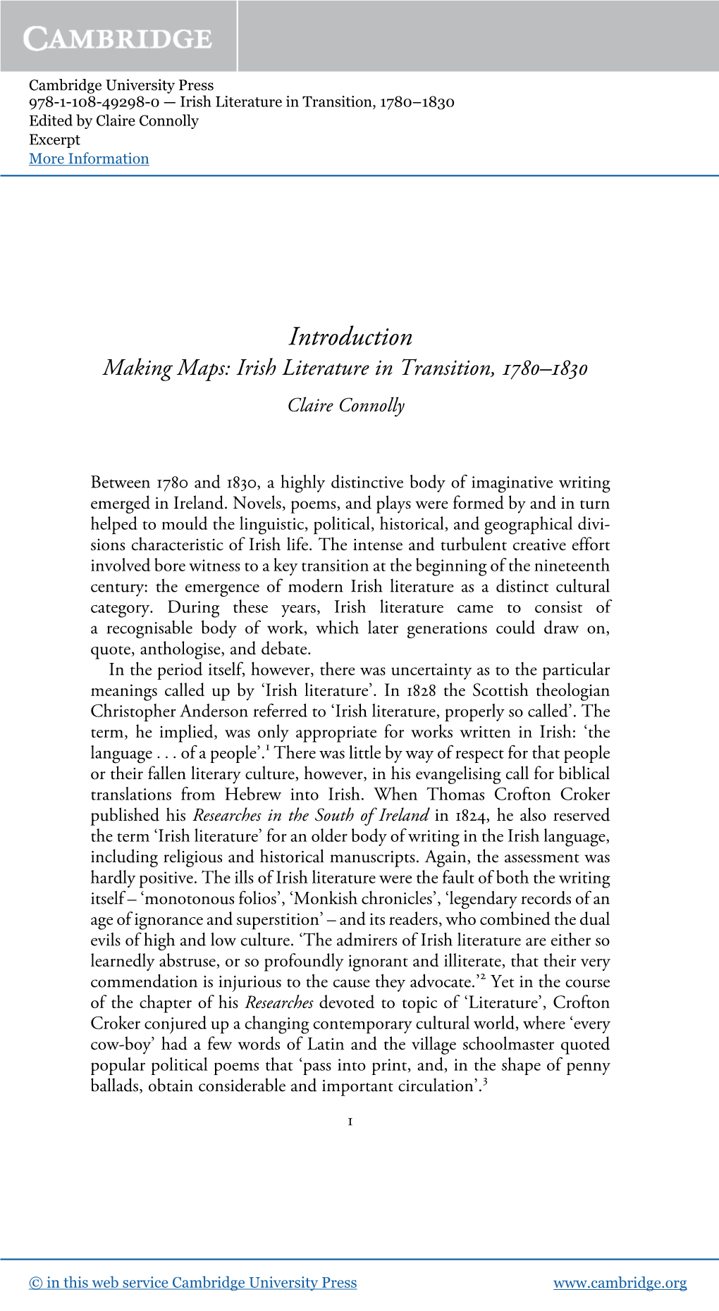 Introduction Making Maps: Irish Literature in Transition, 1780–1830 Claire Connolly