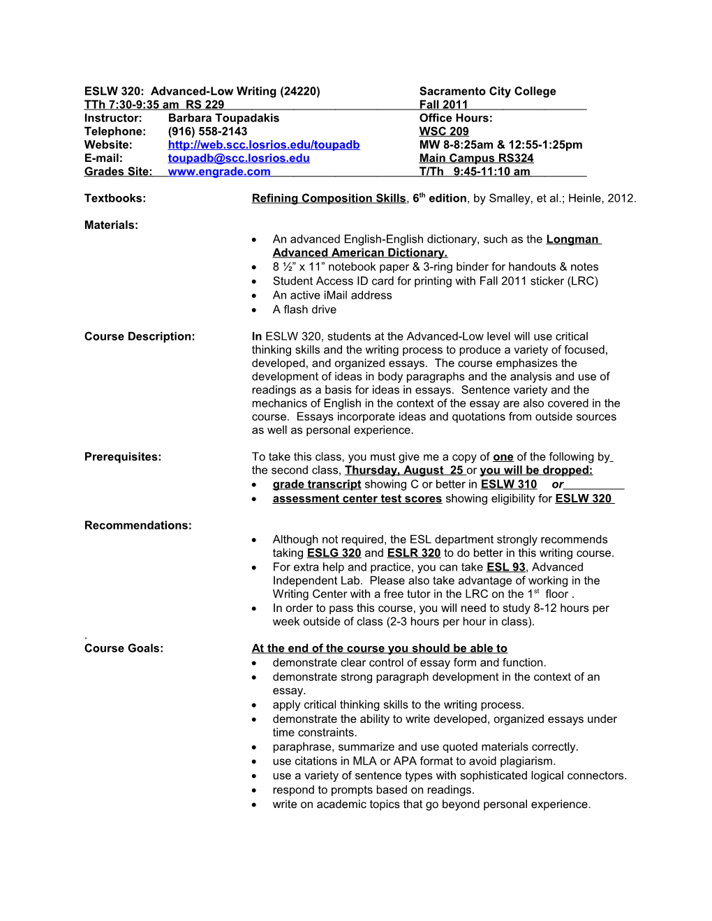 ESLW 320: Advanced-Low Writing (24220) Sacramento City College
