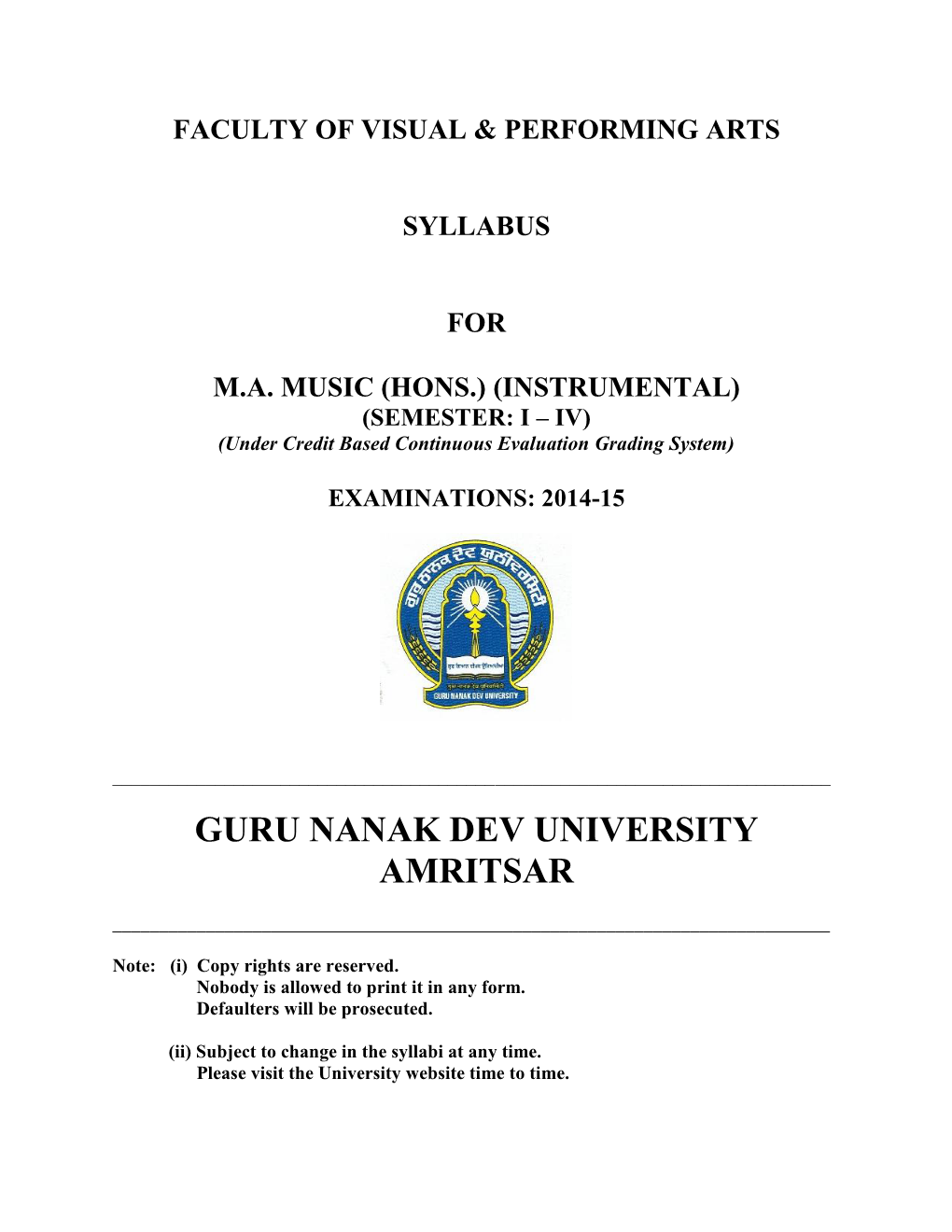 Faculty of Visual & Performing Arts Syllabus for Ma Music (Hons.)