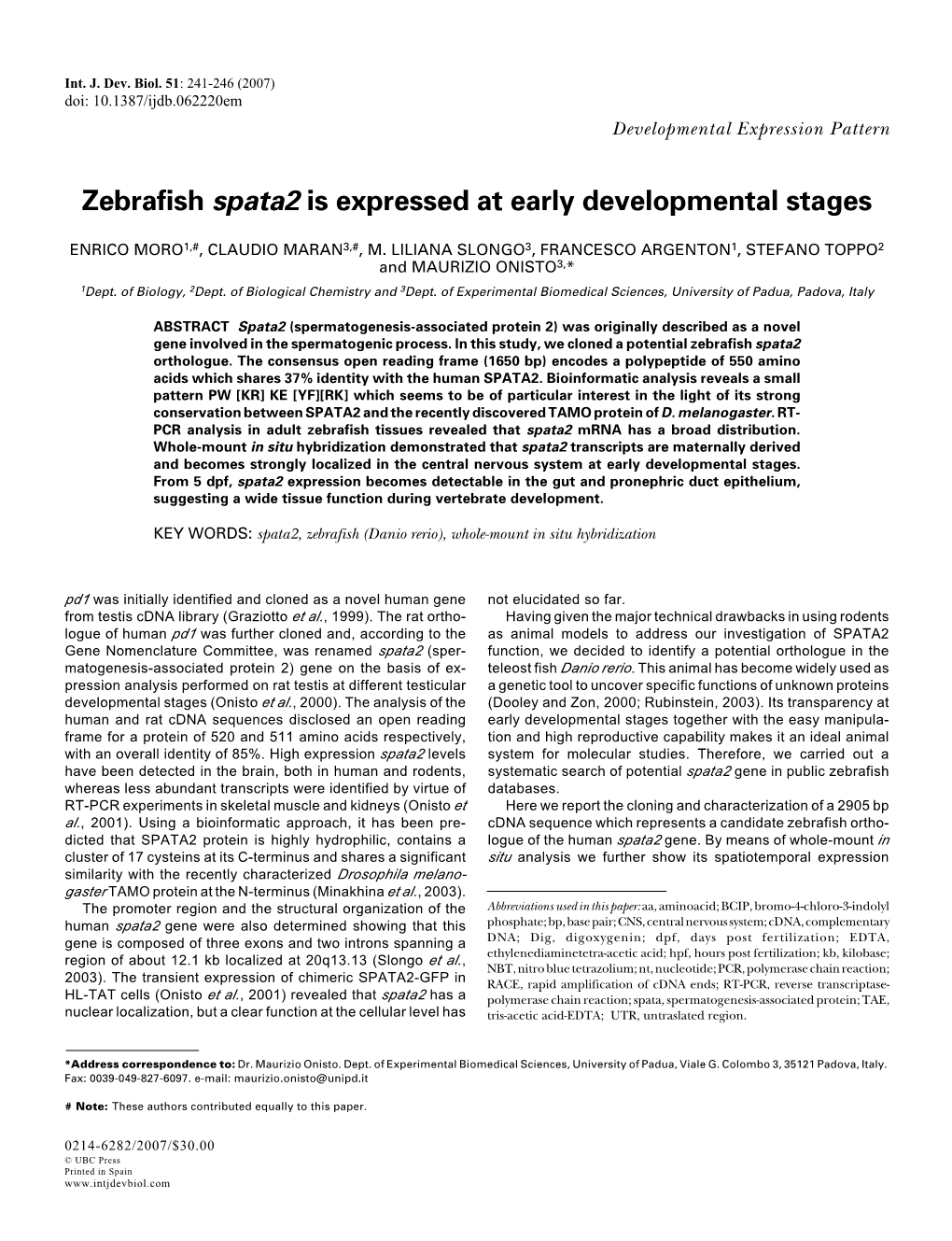 Zebrafish Spata2 Is Expressed at Early Developmental Stages