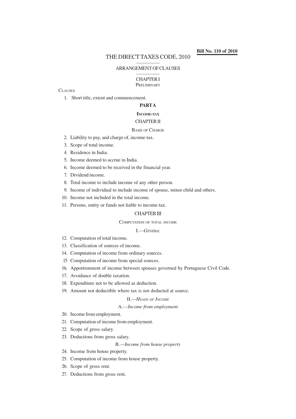 The Direct Taxes Code, 2010 ————— Arrangement of Clauses ————— Chapter I Preliminary Clauses 1