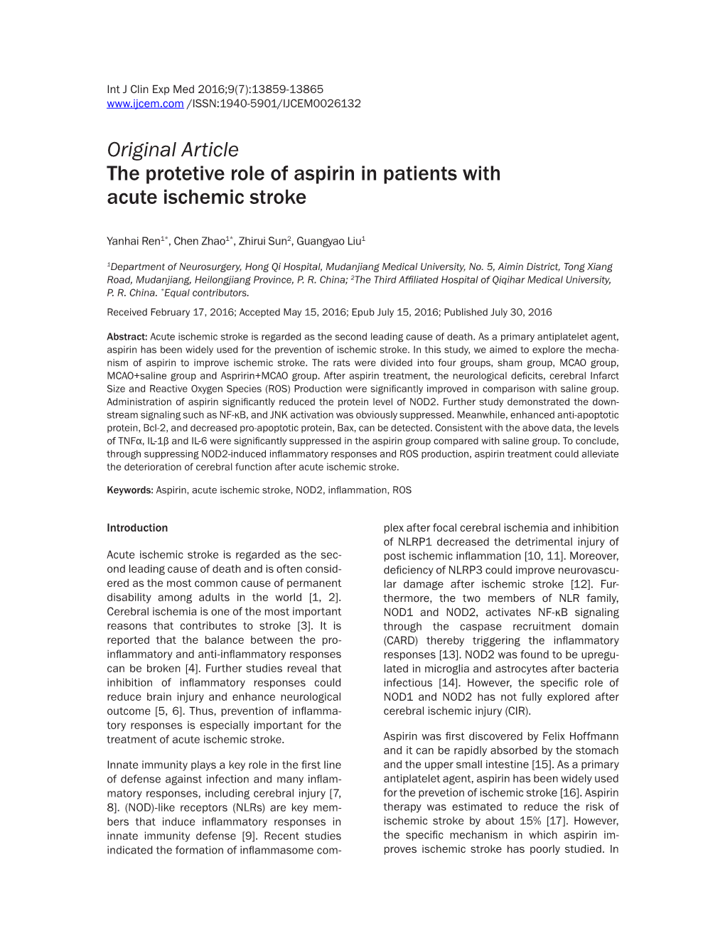 Original Article the Protetive Role of Aspirin in Patients with Acute Ischemic Stroke