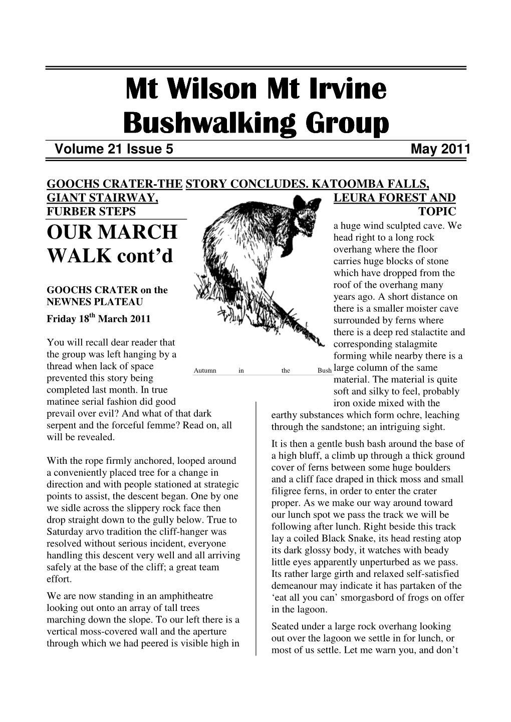 Mt Wilson Mt Irvine Bushwalking Group Volume 21 Issue 5 May 2011