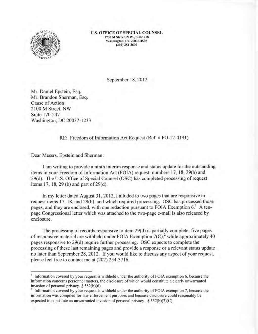 Mr. Daniel Epstein, Esq. Mr. Brandon Sherman, Esq. Cause of Action 2100 M Street, NW Suite 170-247 Washington, DC 20037-1233