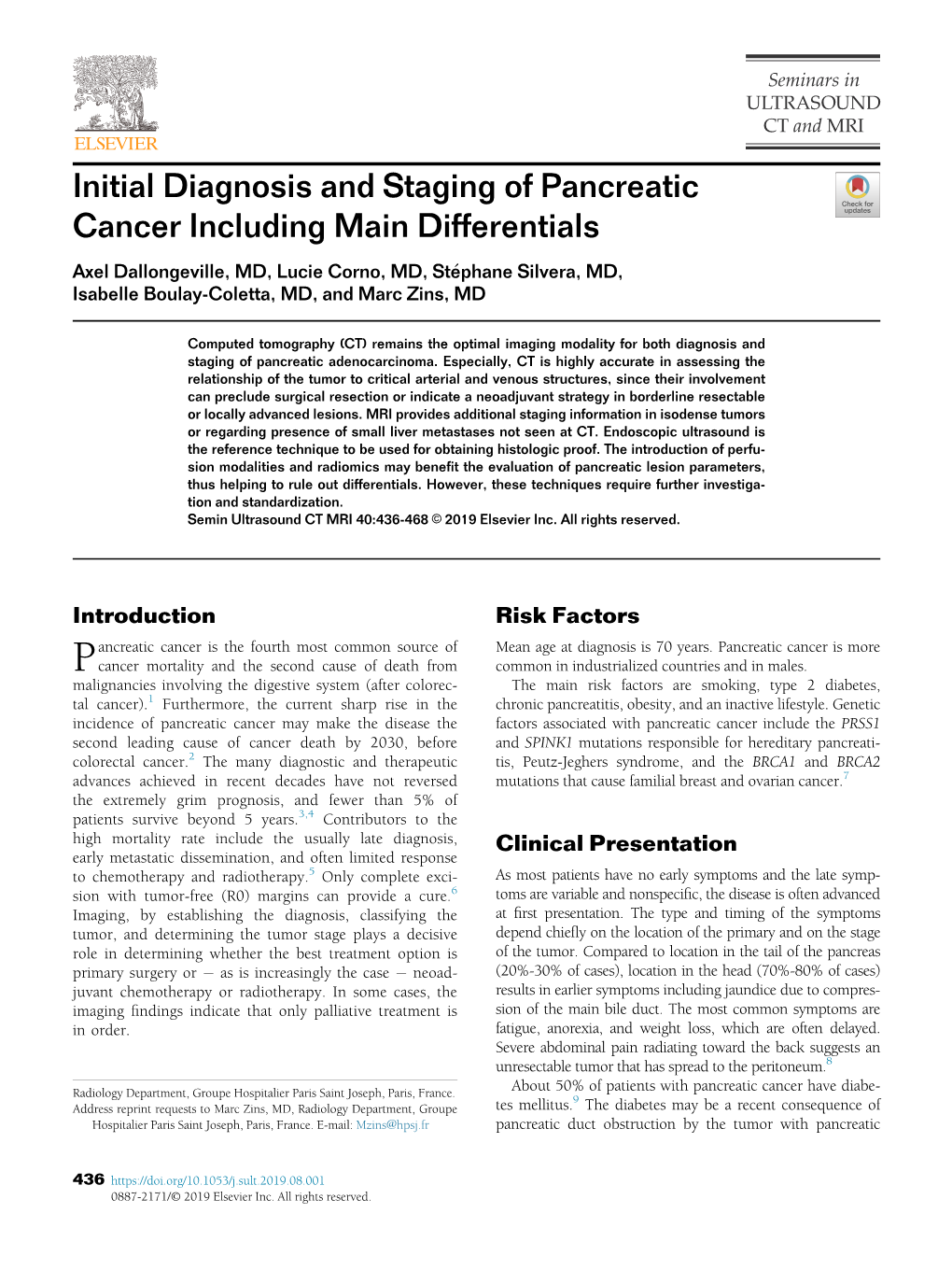 Initial Diagnosis and Staging of Pancreatic Cancer Including Main
