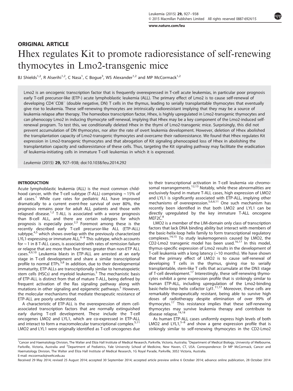 Hhex Regulates Kit to Promote Radioresistance of Self-Renewing Thymocytes in Lmo2-Transgenic Mice