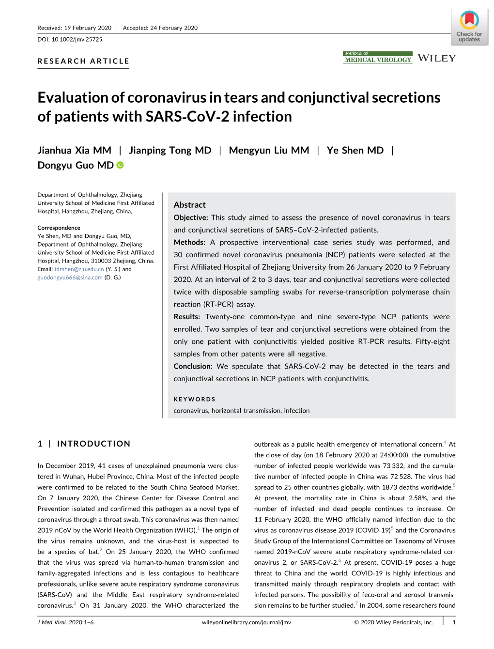 Evaluation of Coronavirus in Tears and Conjunctival Secretions of Patients with SARS‐Cov‐2 Infection