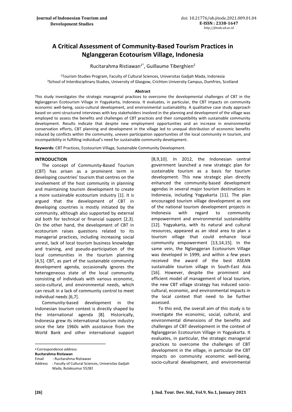 A Critical Assessment of Community-Based Tourism Practices in Nglanggeran Ecotourism Village, Indonesia