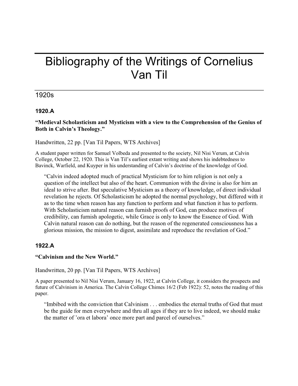 Bibliography of the Writings of Cornelius Van Til