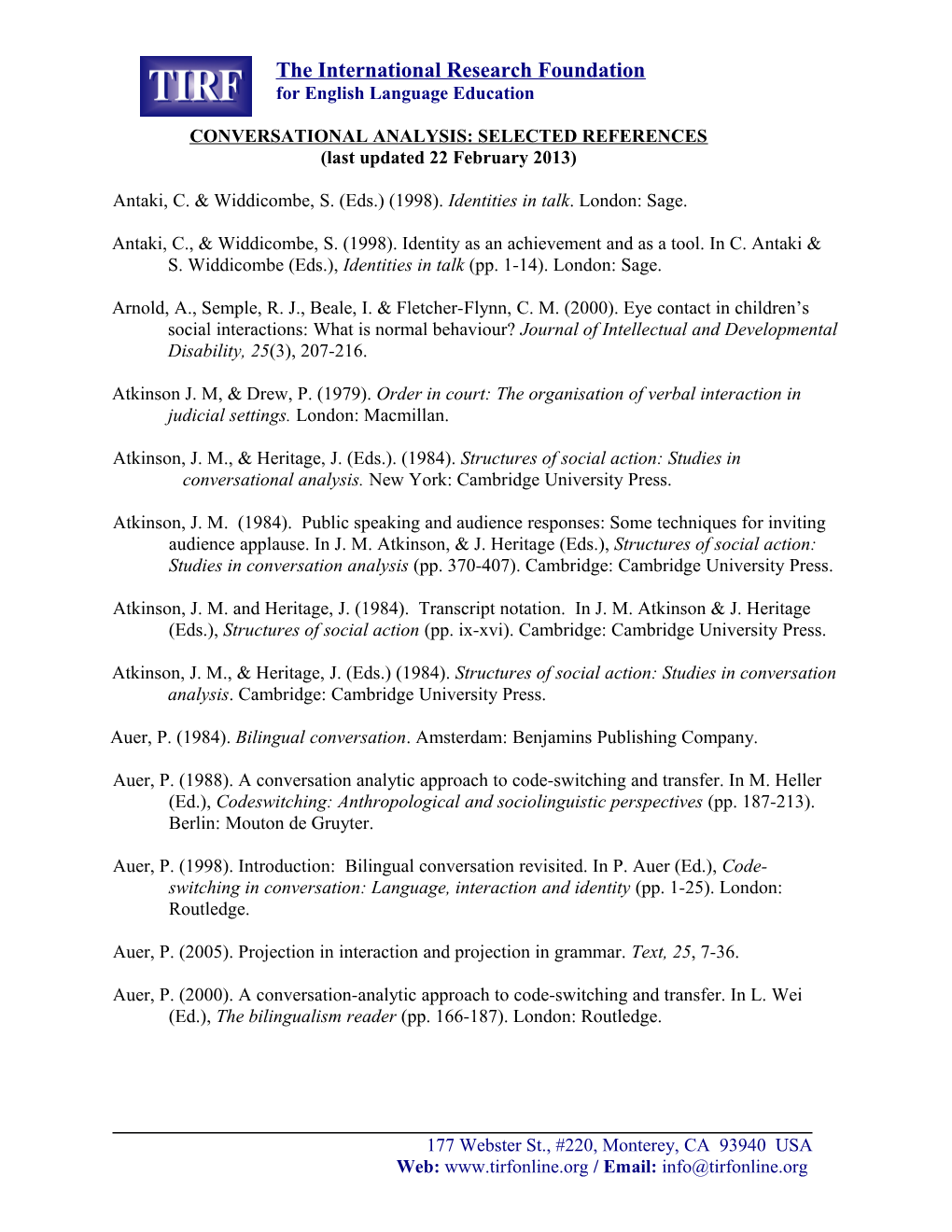 Conversational Analysis: Selected References