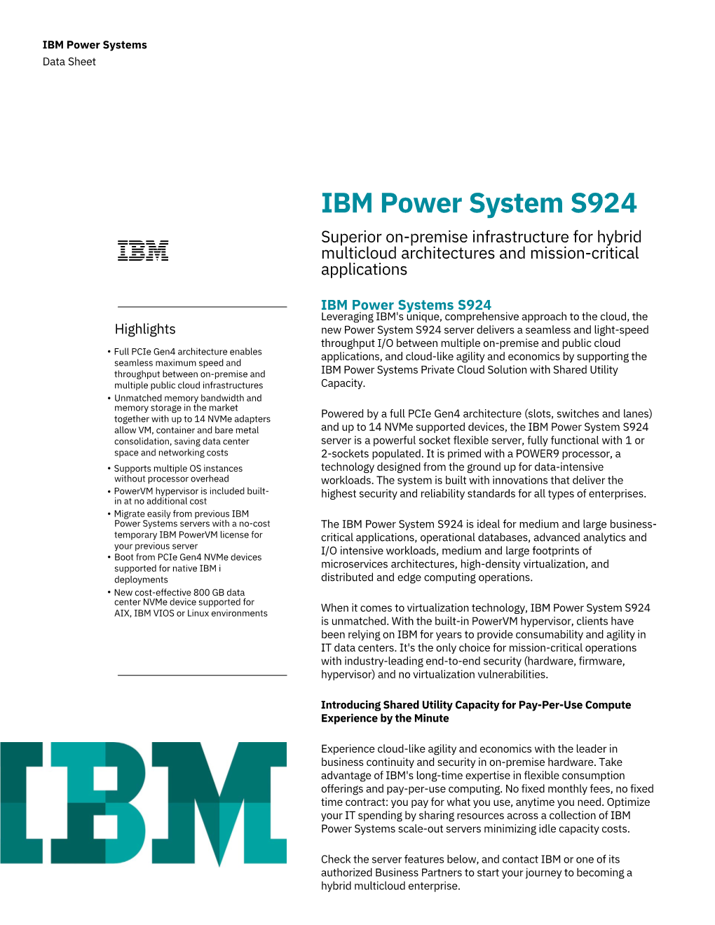 IBM Power System S924 Superior On-Premise Infrastructure for Hybrid Multicloud Architectures and Mission-Critical Applications