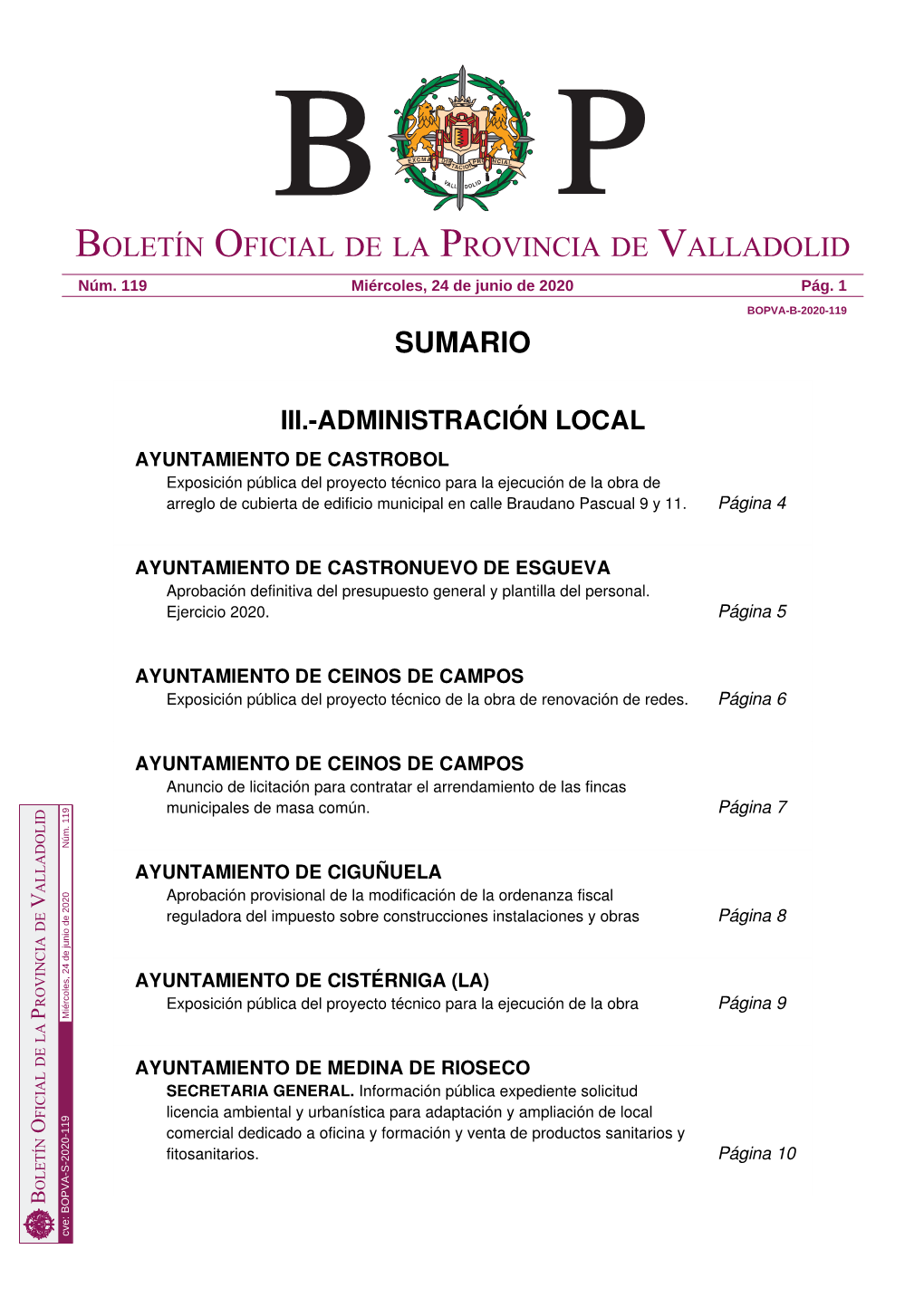 Sumario Boletín Oficial De La Provincia De Valladolid