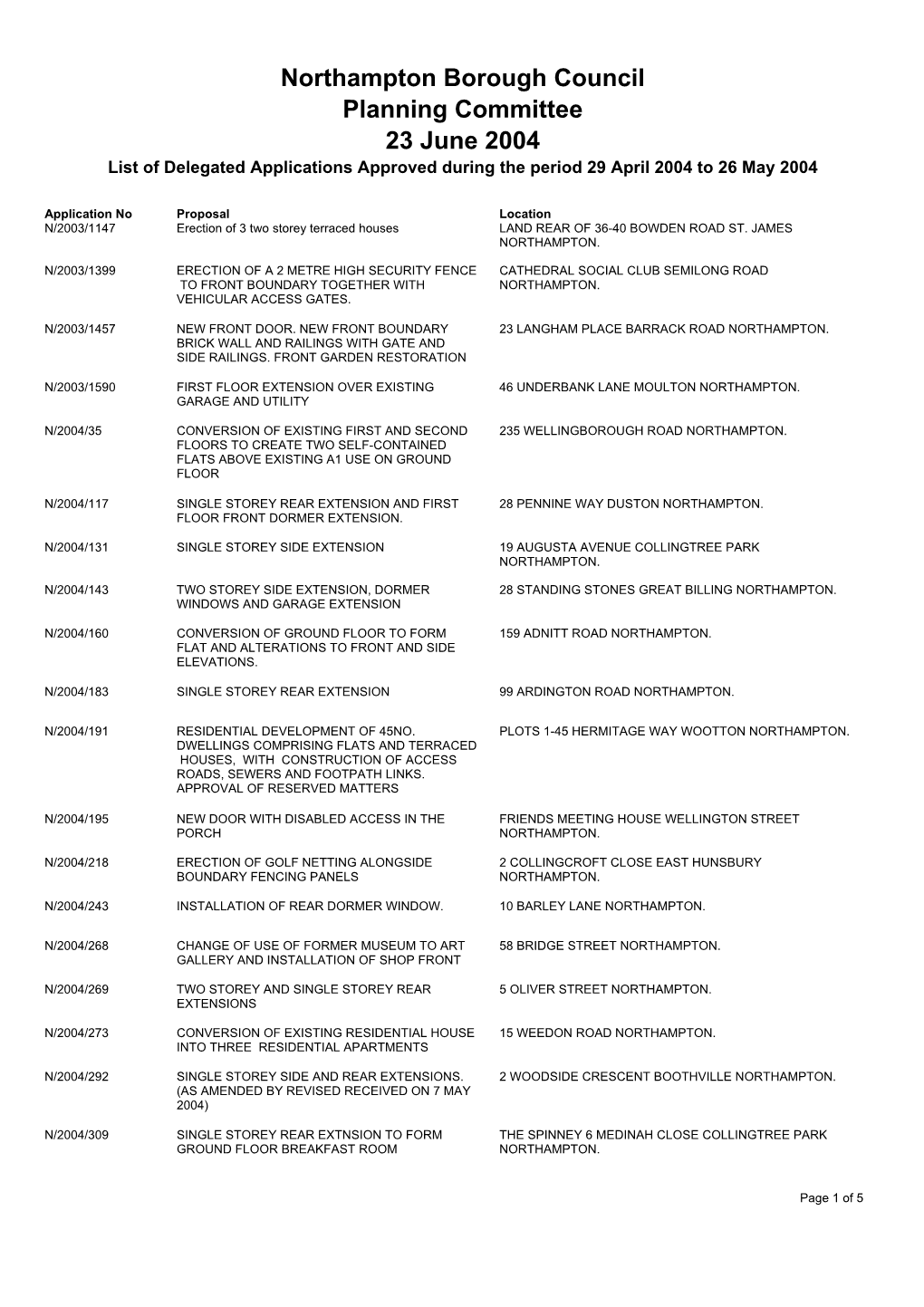 Northampton Borough Council Planning Committee 23 June 2004 List of Delegated Applications Approved During the Period 29 April 2004 to 26 May 2004