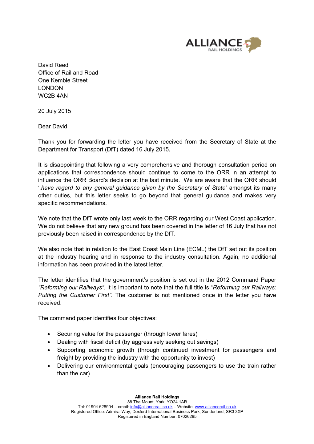 Response Regarding Sos Letter from Alliance Rail Holdings