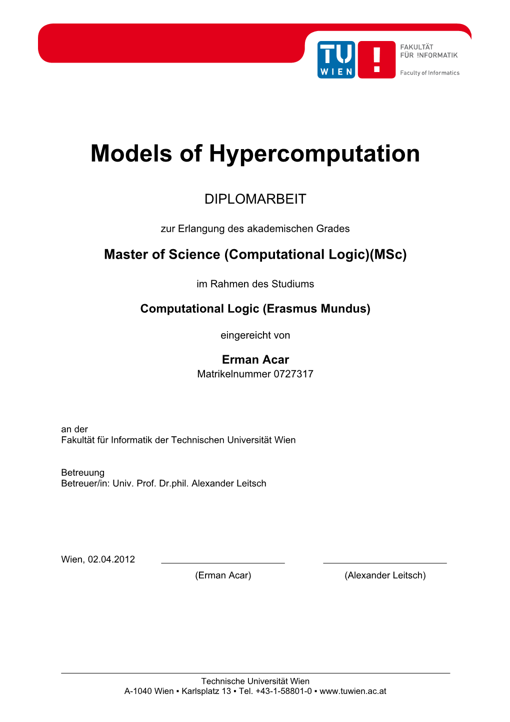 Models of Hypercomputation