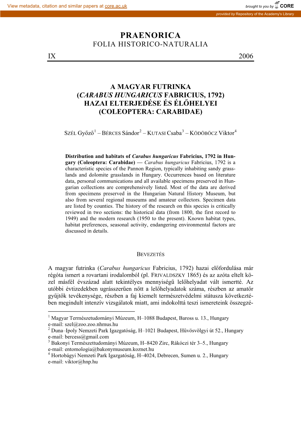 Praenorica Folia Historico-Naturalia Ix 2006
