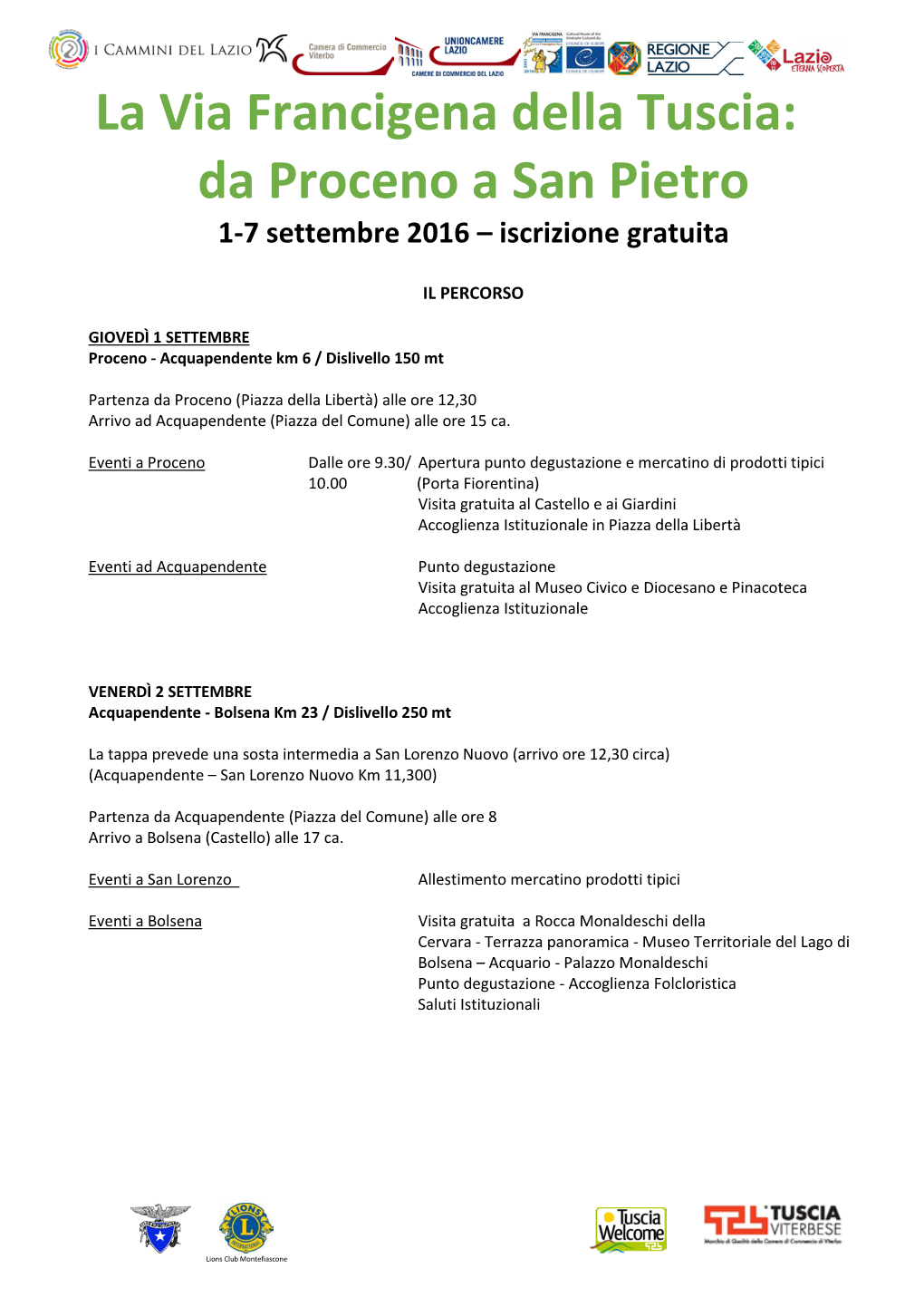 La Via Francigena Della Tuscia: Da Proceno a San Pietro 1-7 Settembre 2016 – Iscrizione Gratuita