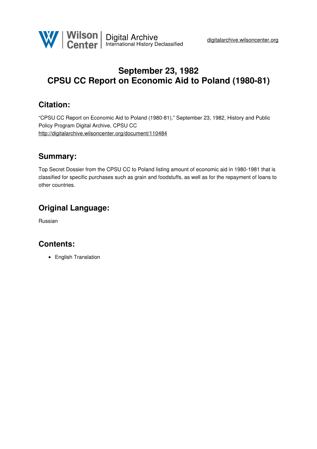 September 23, 1982 CPSU CC Report on Economic Aid to Poland (1980-81)