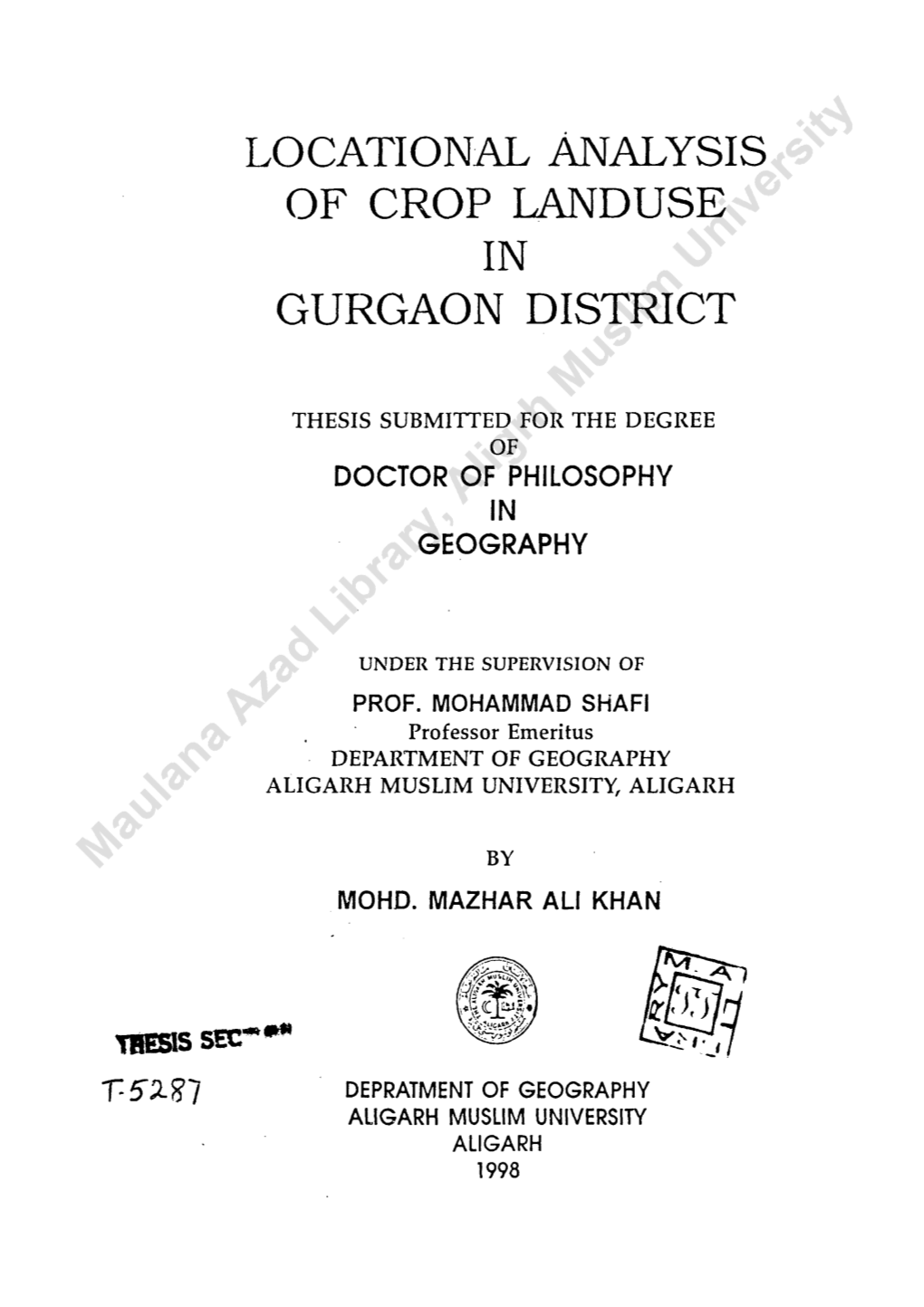 Locational Analysis of Crop Landuse in Gurgaon District