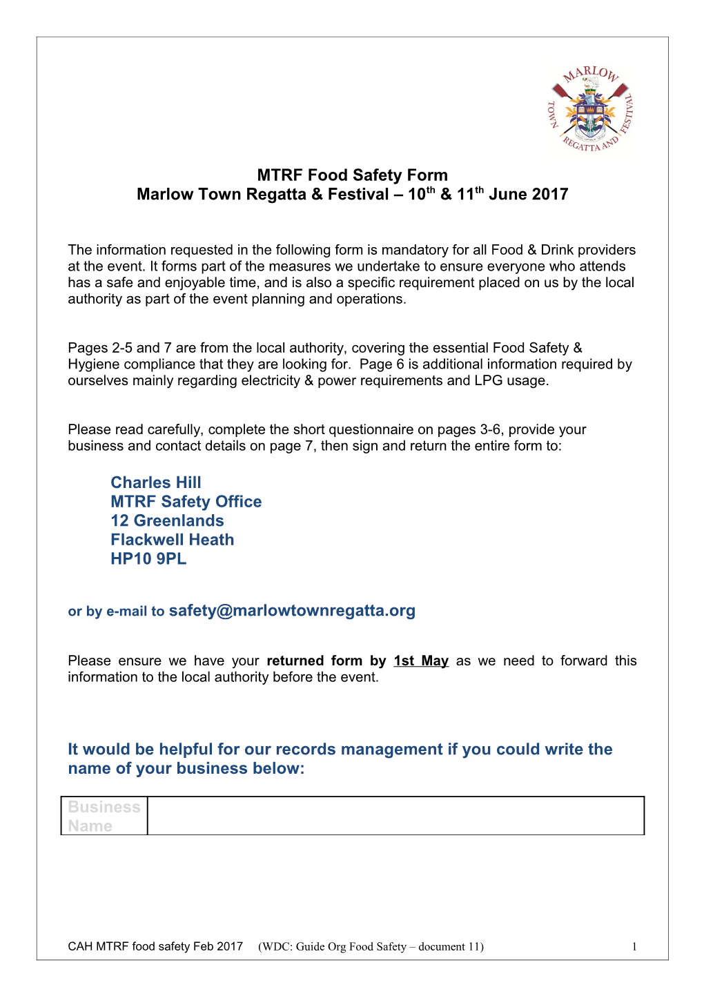 MTRF Food Safety Form 2015