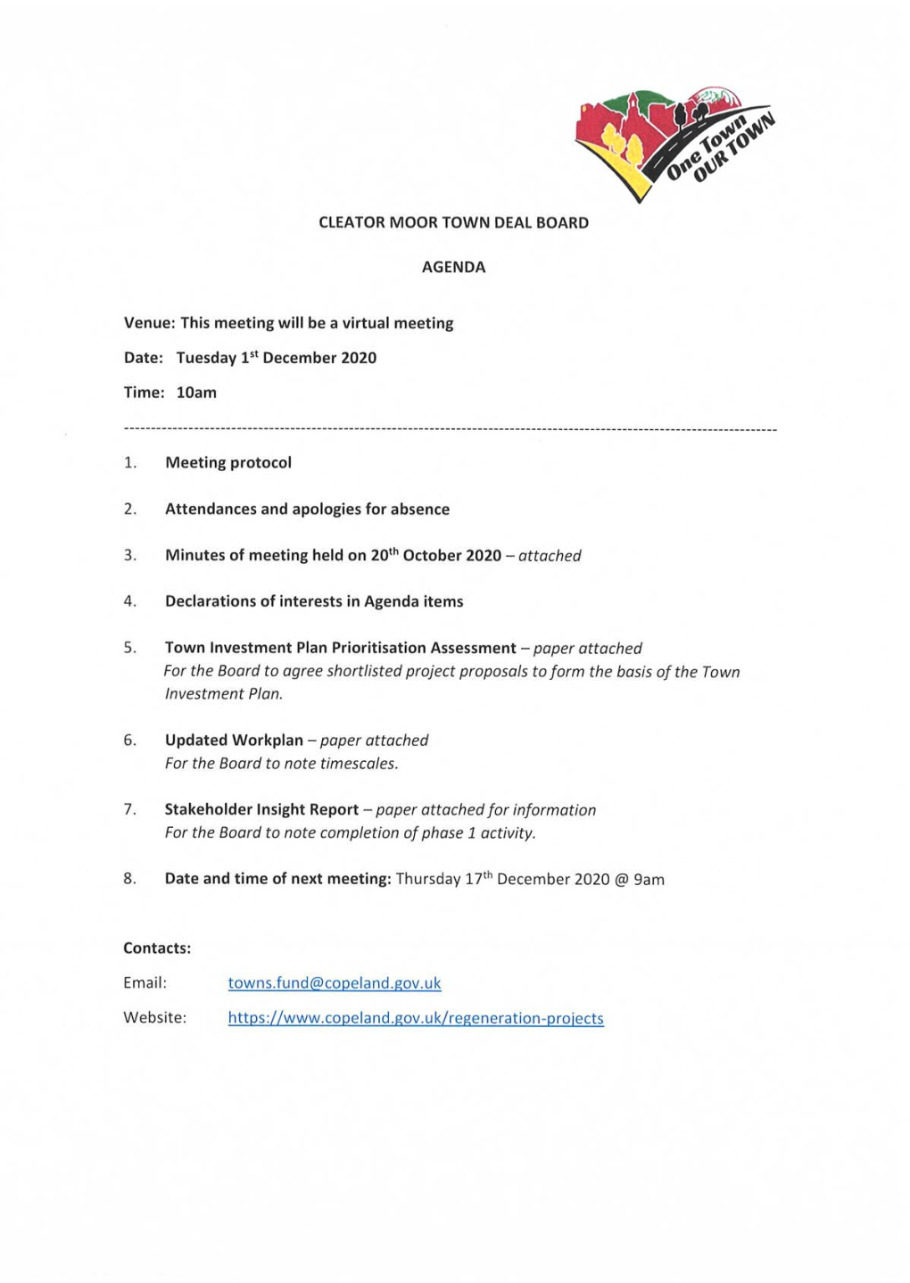 CLEATOR MOOR TOWN DEAL BOARD AGENDA Venue: This